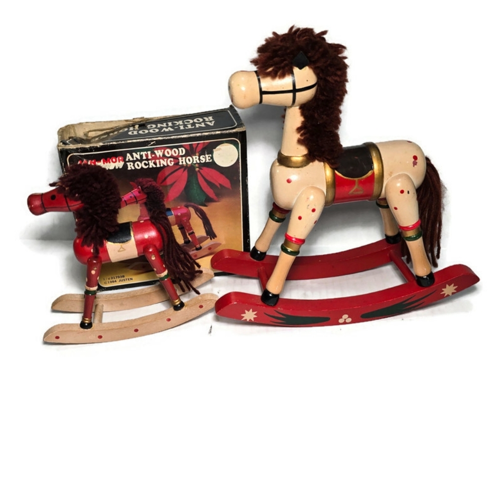 2 Vintage Jan-Mor Anti-Wood Rocking Horse 1 Boxed, 6.5 In & 10.5